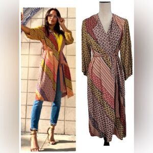 CAbi BoHo Kimono Jacket Pockets Mixed Media Patchwork Robe Floral Women Cardigan